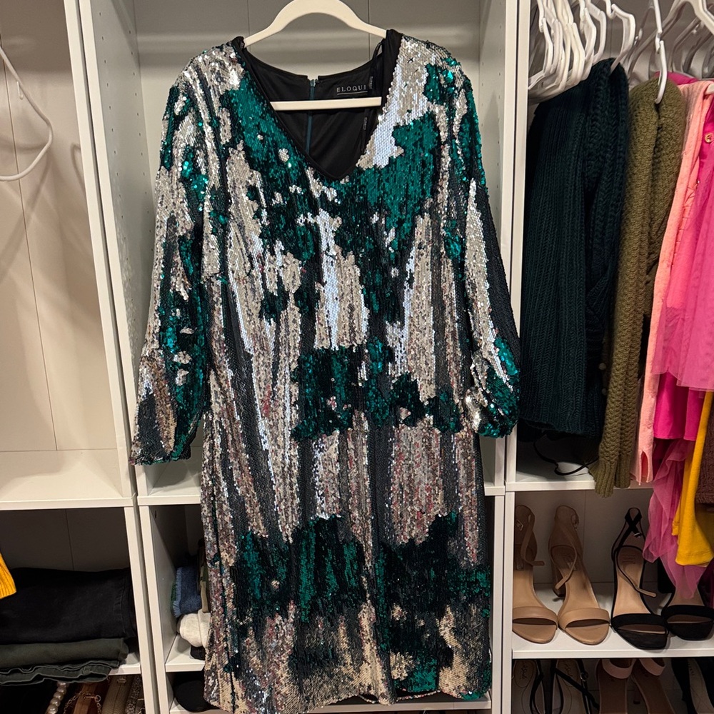 Eloquii Green and Silver Sequin Long Sleeve Dress